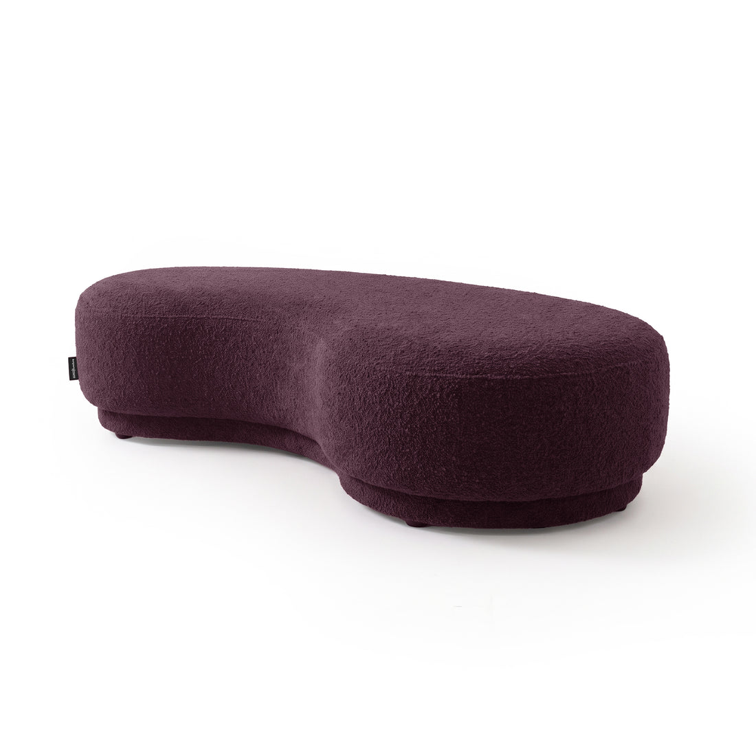 Kidney-shaped plum upholstered bench  seat on a white background