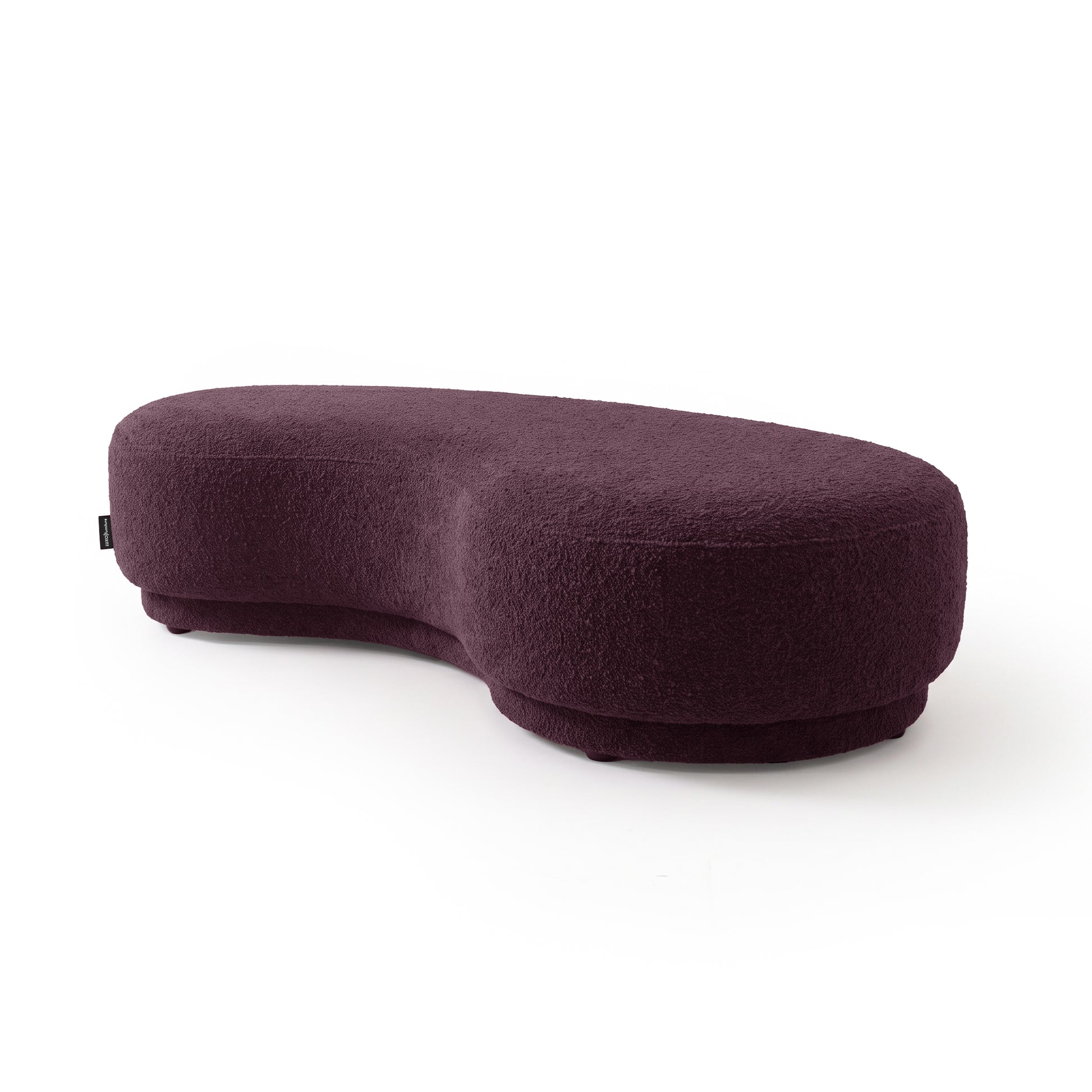 Kidney-shaped plum upholstered bench  seat on a white background