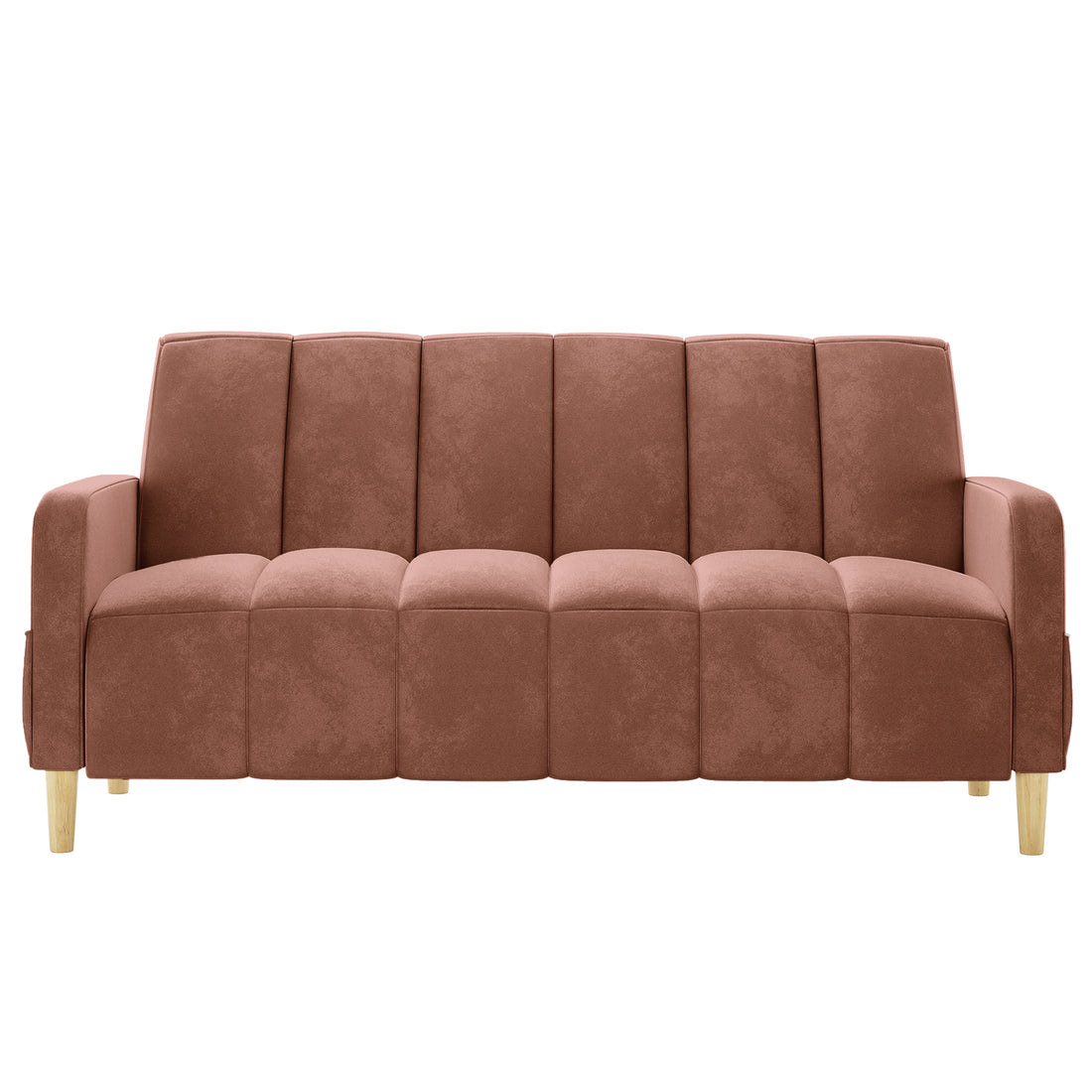 Anica 3 Seater Velvet Sofa Bed in Blush, featuring vertical channel tufting, squared-off armrests, and light wooden tapered legs, designed against a white background for a modern, stylish look.