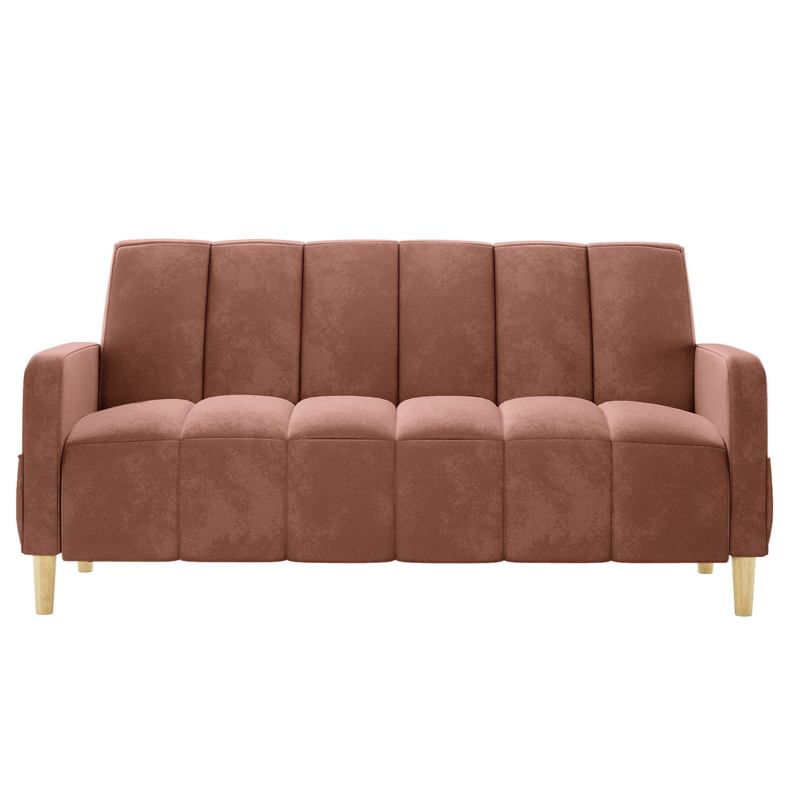 Anica 3 Seater Velvet Sofa Bed in Blush, featuring vertical channel tufting, squared-off armrests, and light wooden tapered legs, designed against a white background for a modern, stylish look.
