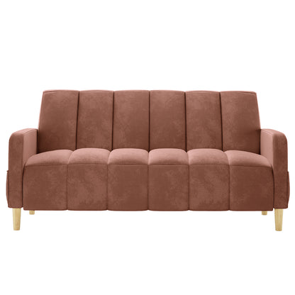 Anica 3 Seater Velvet Sofa Bed in Blush, featuring vertical channel tufting, squared-off armrests, and light wooden tapered legs, designed against a white background for a modern, stylish look.