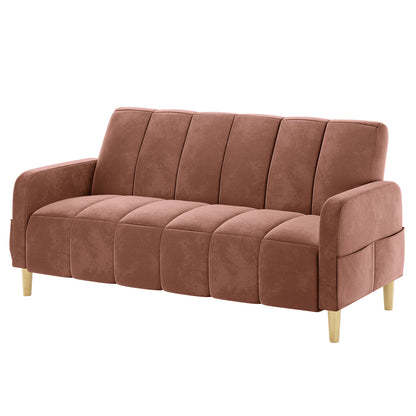 Anica 3 Seater Velvet Sofa Bed in Blush features a tufted back and seat, gentle curved arms, terracotta fabric, and exposed light-wooden legs, embodying versatile elegance and practical comfort.