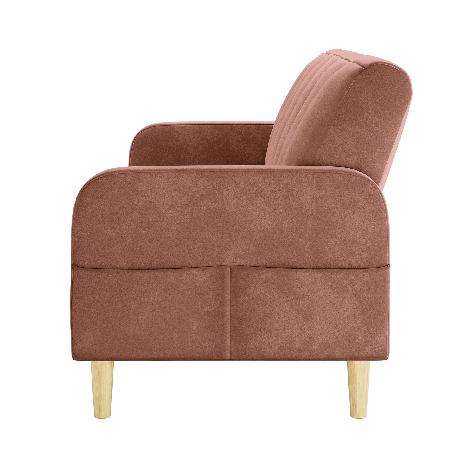 Anica 3 Seater Velvet Sofa Bed in Blush: A modern armchair with a dusty-rose velvet finish, rounded arms, vertically channeled back, and natural-wood legs, set against a white background.