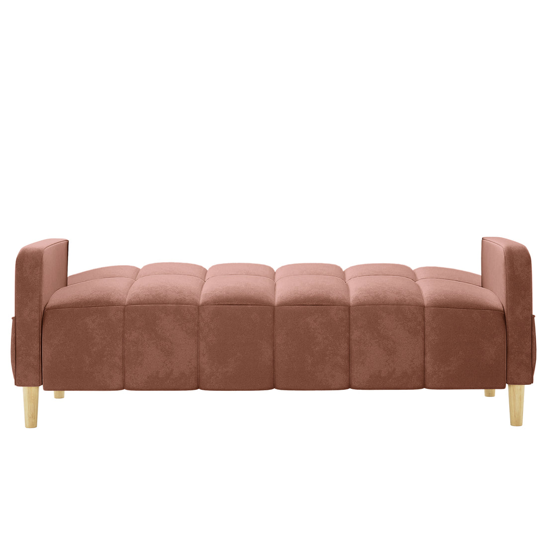 Anica 3 Seater Velvet Sofa Bed in Blush, featuring a low-profile design with tufted dusty-rose upholstery, cushioned segments, padded armrests, and four wooden legs, offers versatile comfort and style.