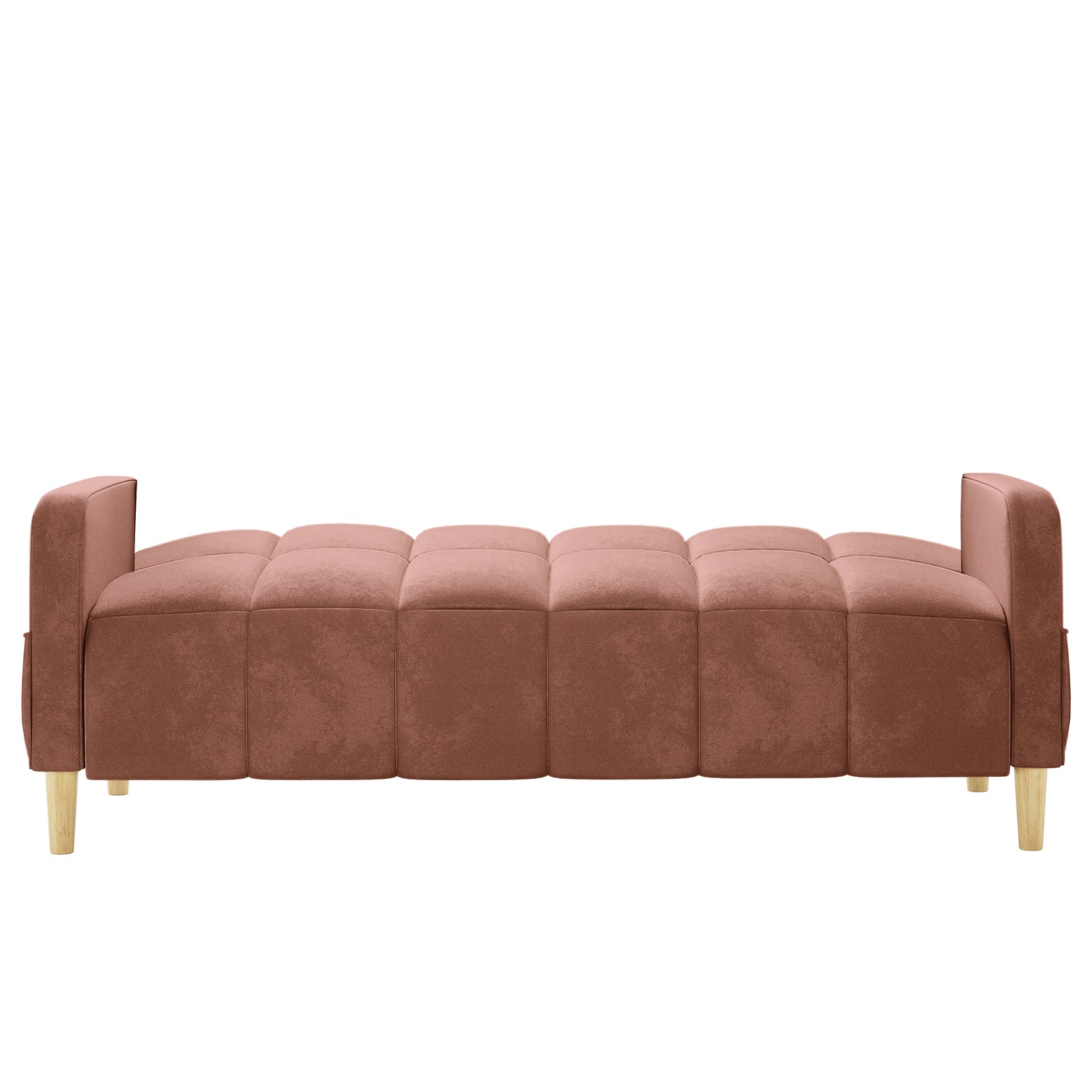 Anica 3 Seater Velvet Sofa Bed in Blush, featuring a low-profile design with tufted dusty-rose upholstery, cushioned segments, padded armrests, and four wooden legs, offers versatile comfort and style.