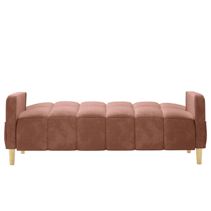 Anica 3 Seater Velvet Sofa Bed in Blush, featuring a low-profile design with tufted dusty-rose upholstery, cushioned segments, padded armrests, and four wooden legs, offers versatile comfort and style.
