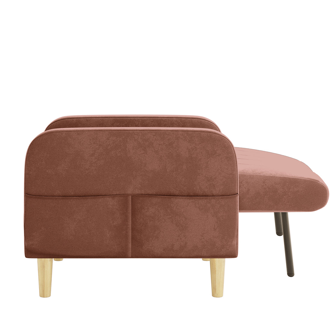 Anica 3 Seater Velvet Sofa Bed in Blush, featuring a side view of its upholstered design with a chaise lounge, tapered wooden legs, and soft rose-brown fabric.