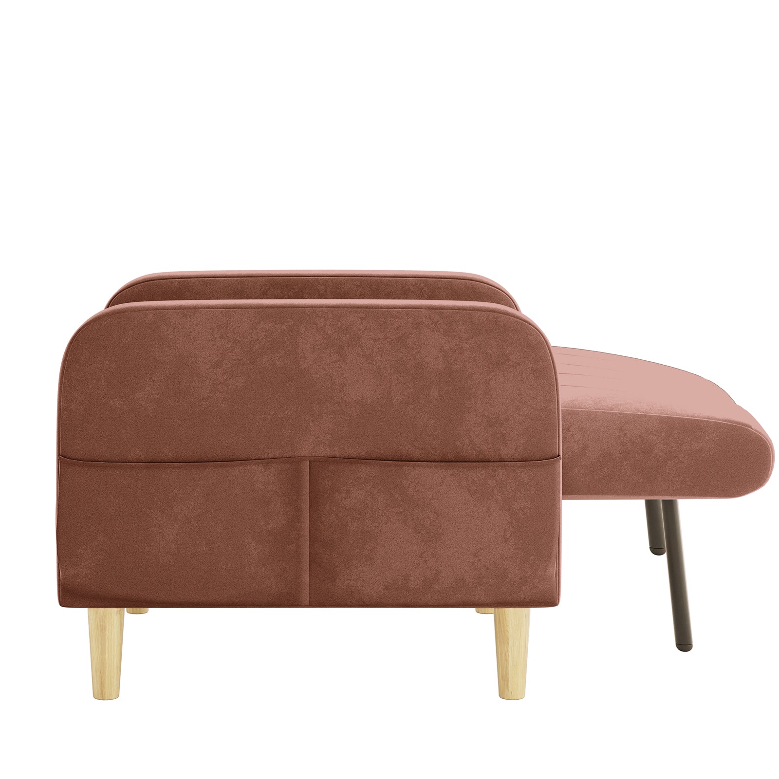 Anica 3 Seater Velvet Sofa Bed in Blush, featuring a side view of its upholstered design with a chaise lounge, tapered wooden legs, and soft rose-brown fabric.