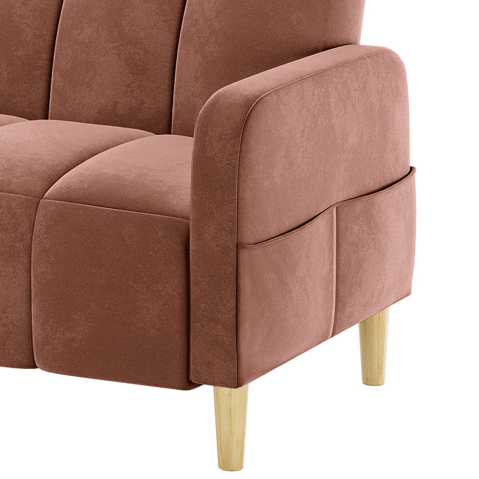 Anica 3 Seater Velvet Sofa Bed in Blush features a dusty-rose velvet-covered armrest with a built-in side pocket, standing on slender, light-wood legs, highlighting its elegant, compact design.
