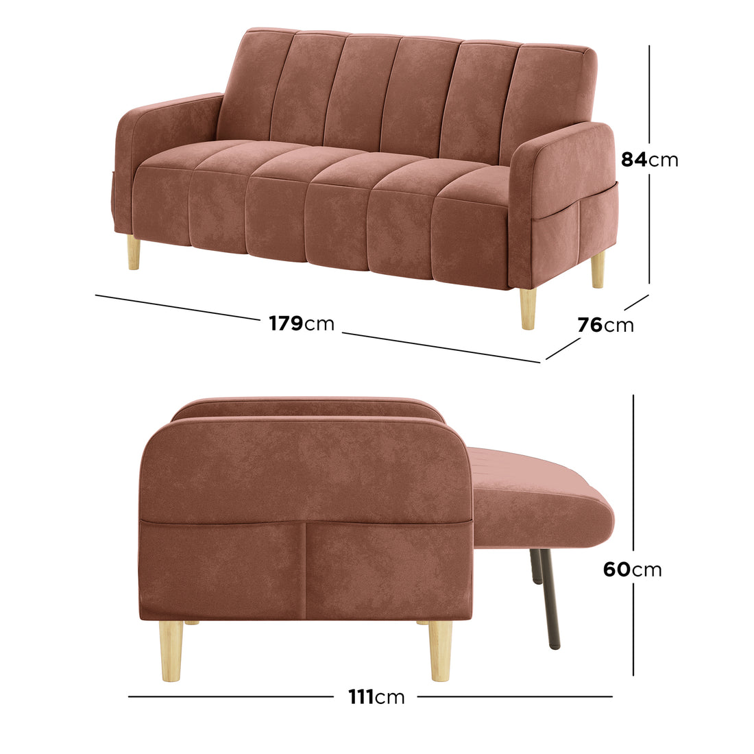 Anica 3 Seater Velvet Sofa Bed in Blush shown in dusty-rose upholstery features tapered wooden legs, with views in sofa and partially unfolded bed modes, highlighting its compact design and convertible functionality.