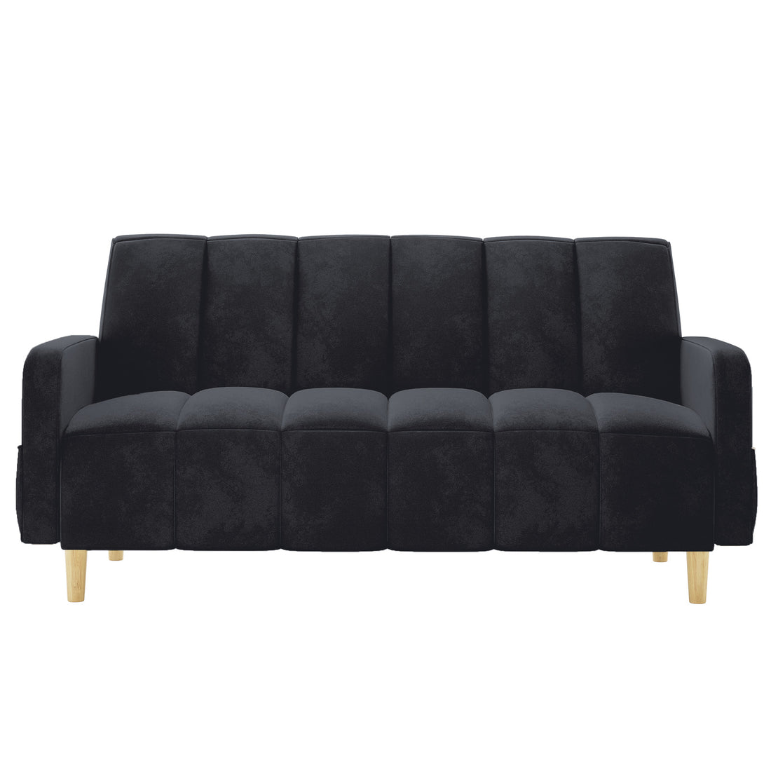 Anica 6 Seater Velvet Fabric Sofa Bed Set in Black, featuring a modern three-seater with tufted cushions, squared armrests, and light wood-finished tapered legs, offering a chic and versatile design.