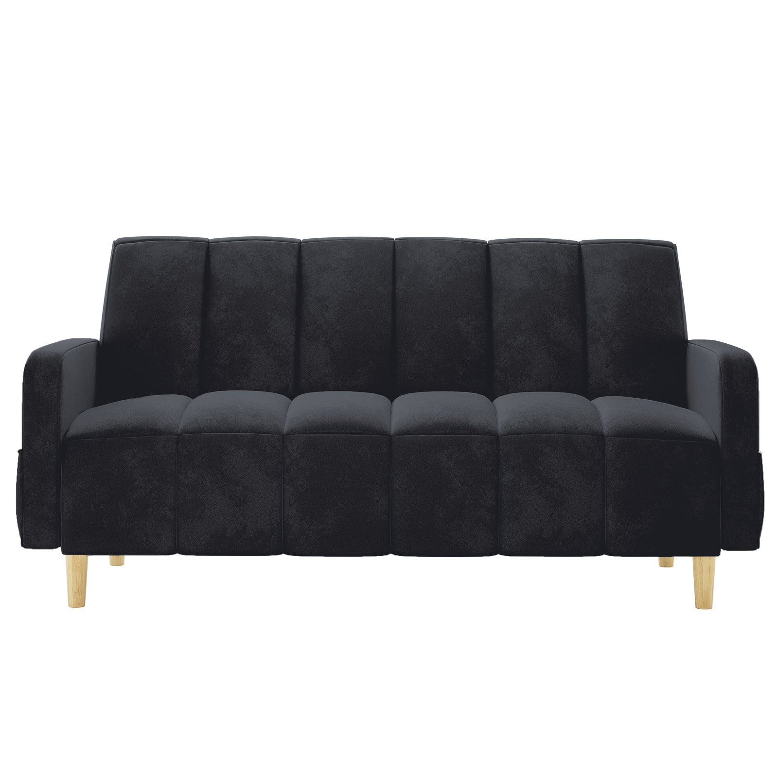 Anica 6 Seater Velvet Fabric Sofa Bed Set in Black, featuring a modern three-seater with tufted cushions, squared armrests, and light wood-finished tapered legs, offering a chic and versatile design.