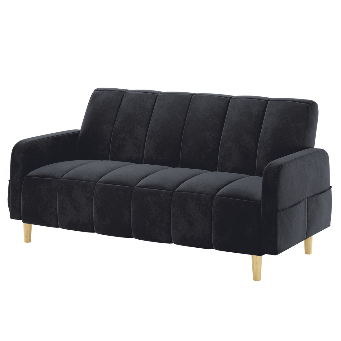 Anica 6 Seater Velvet Fabric Sofa Bed Set in Black featuring a three-seat futon-style sofa with dark charcoal upholstery, rounded armrests, vertically channel-stitched cushions, and four short tapered wooden legs.