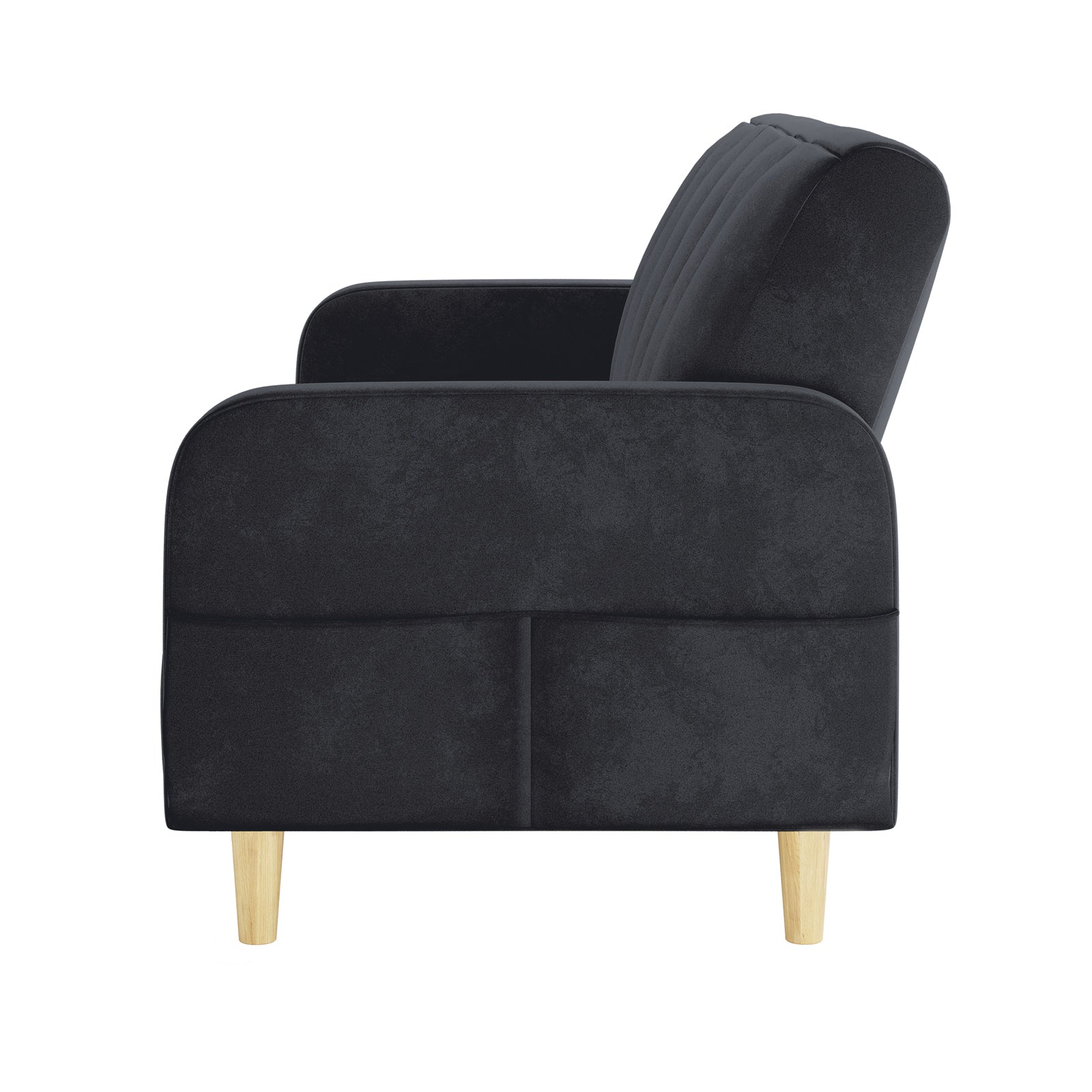 Anica 6 Seater Velvet Fabric Sofa Bed Set in Black, featuring a sleek, modern design with a low-profile, rounded armrests, gently angled backrest, and light-wood tapered legs, viewed from the side.