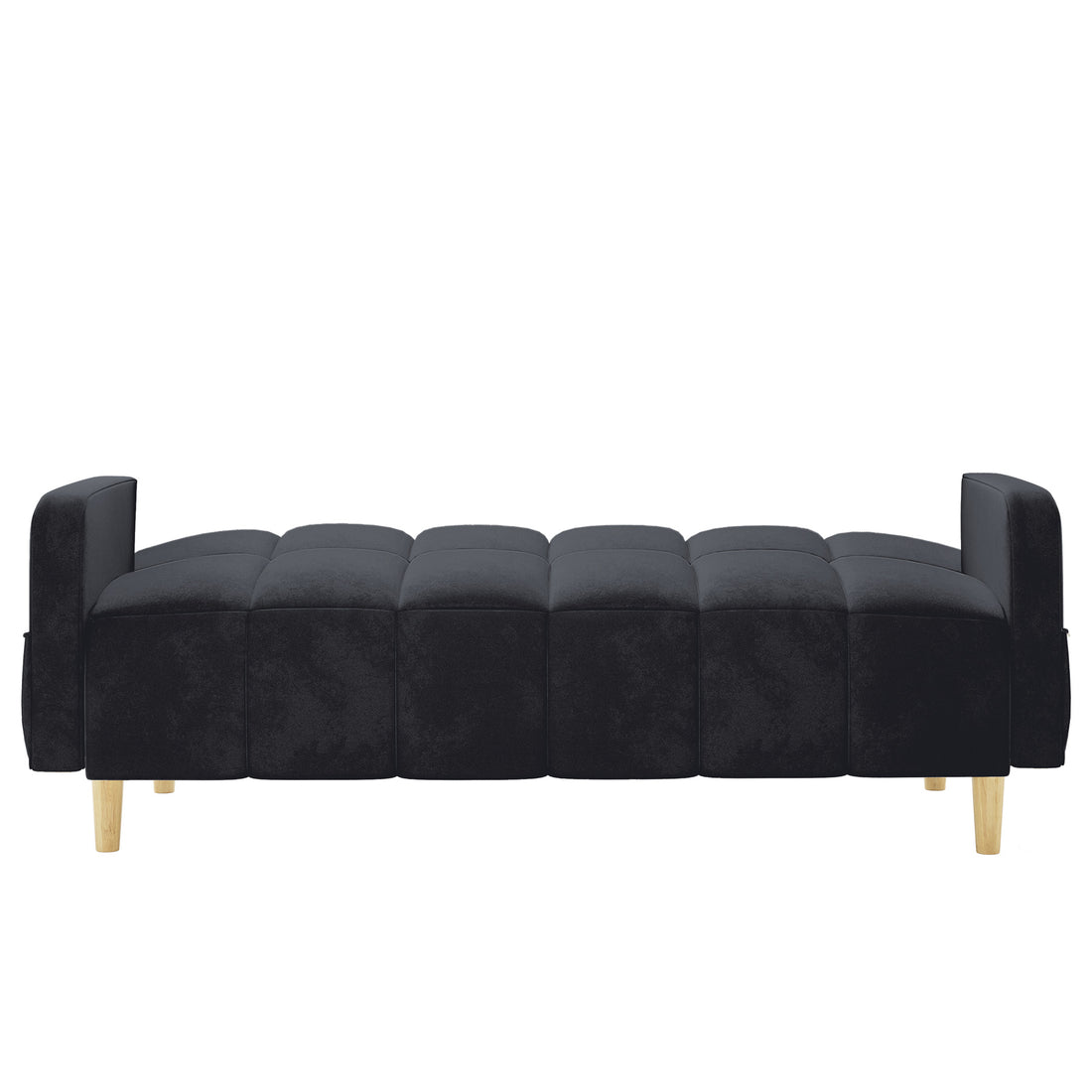 Anica 6 Seater Velvet Sofa Bed Set in Black features a low, tufted design with modular, block-style cushioned segments and short wooden legs, offering versatile seating or sleep solutions.