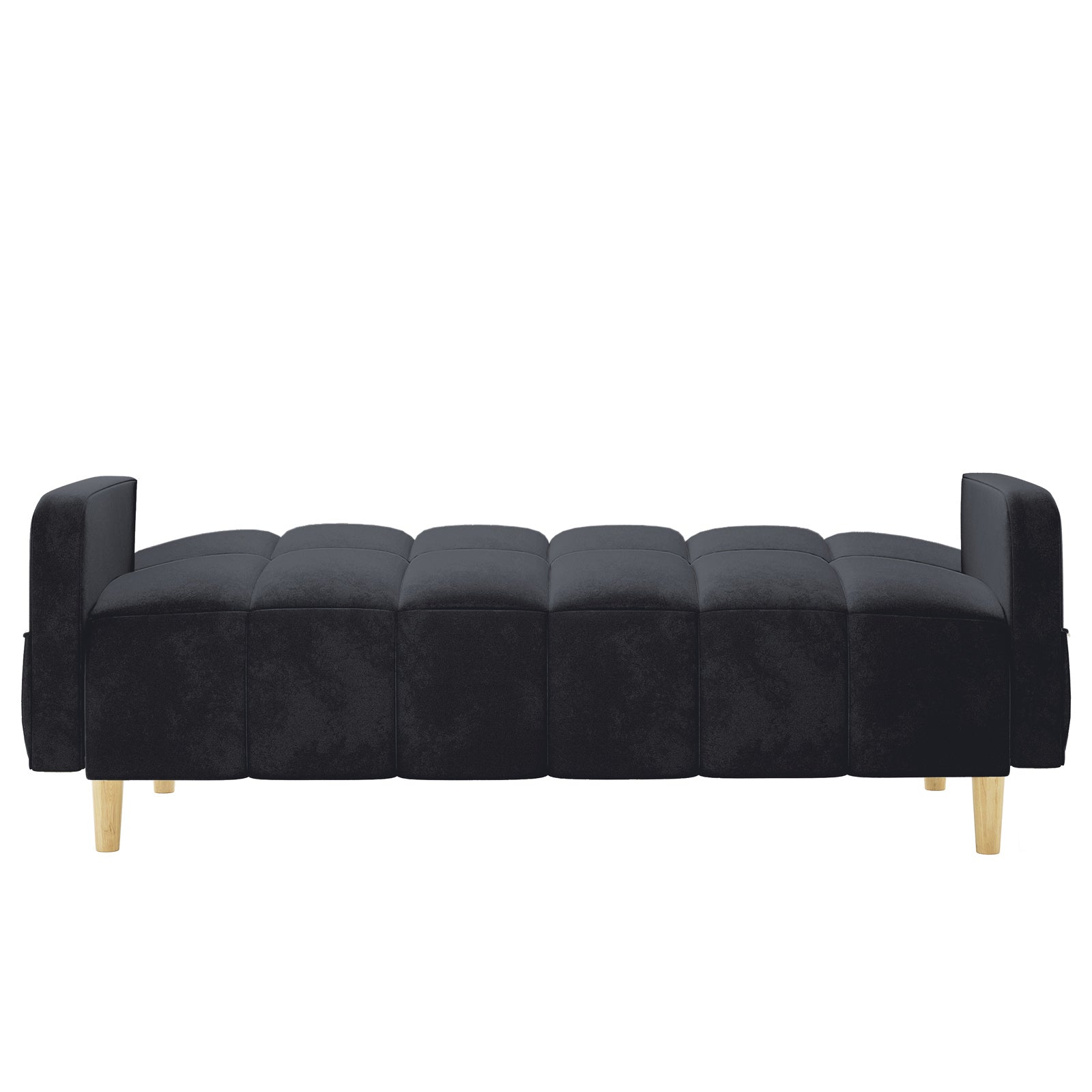 Anica 6 Seater Velvet Sofa Bed Set in Black features a low, tufted design with modular, block-style cushioned segments and short wooden legs, offering versatile seating or sleep solutions.