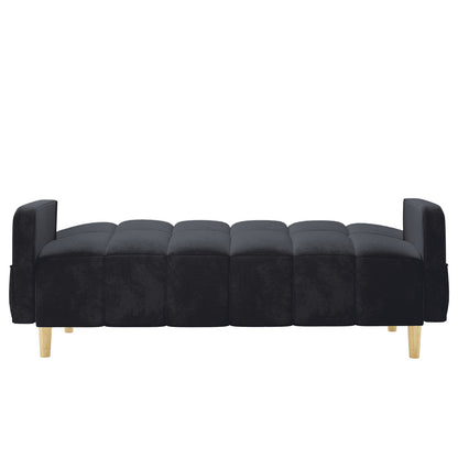 Anica 6 Seater Velvet Sofa Bed Set in Black features a low, tufted design with modular, block-style cushioned segments and short wooden legs, offering versatile seating or sleep solutions.