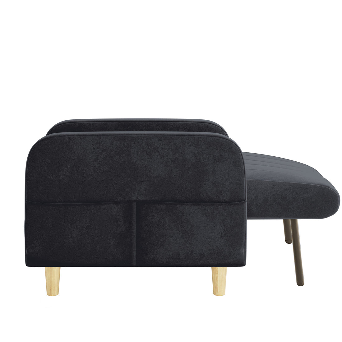 Anica 6 Seater Velvet Fabric Sofa Bed Set in Black features a dark-gray upholstered sofa with exposed legs and a pull-out ottoman, offering practicality and sleek design for modern living spaces.