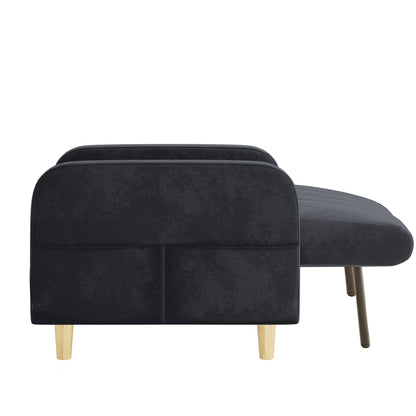 Anica 6 Seater Velvet Fabric Sofa Bed Set in Black features a dark-gray upholstered sofa with exposed legs and a pull-out ottoman, offering practicality and sleek design for modern living spaces.