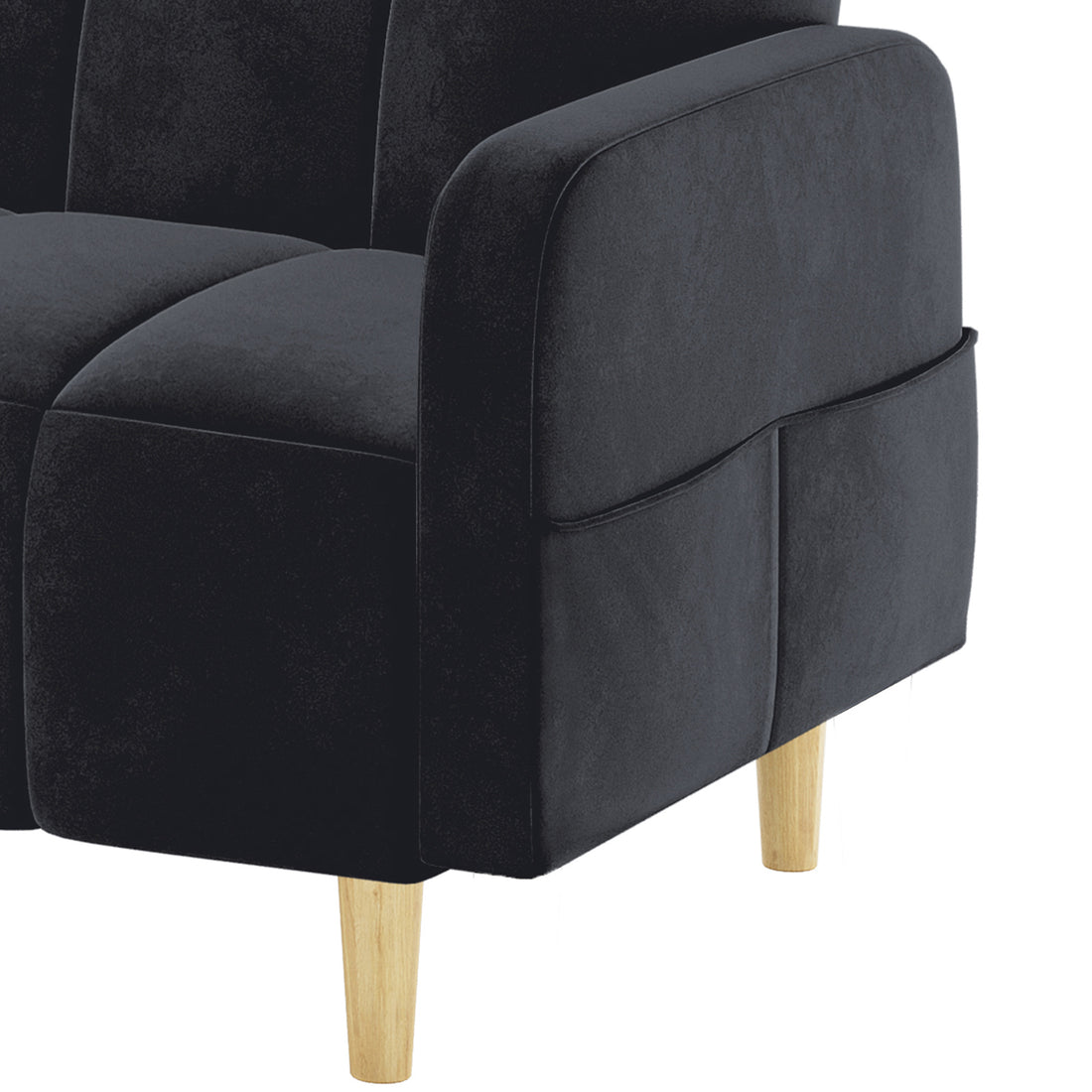 Close-up of Anica 6 Seater Velvet Sofa Bed Set in Black, showcasing the dark velvet fabric, armrest, and seat section with two light wood tapered legs visible underneath.