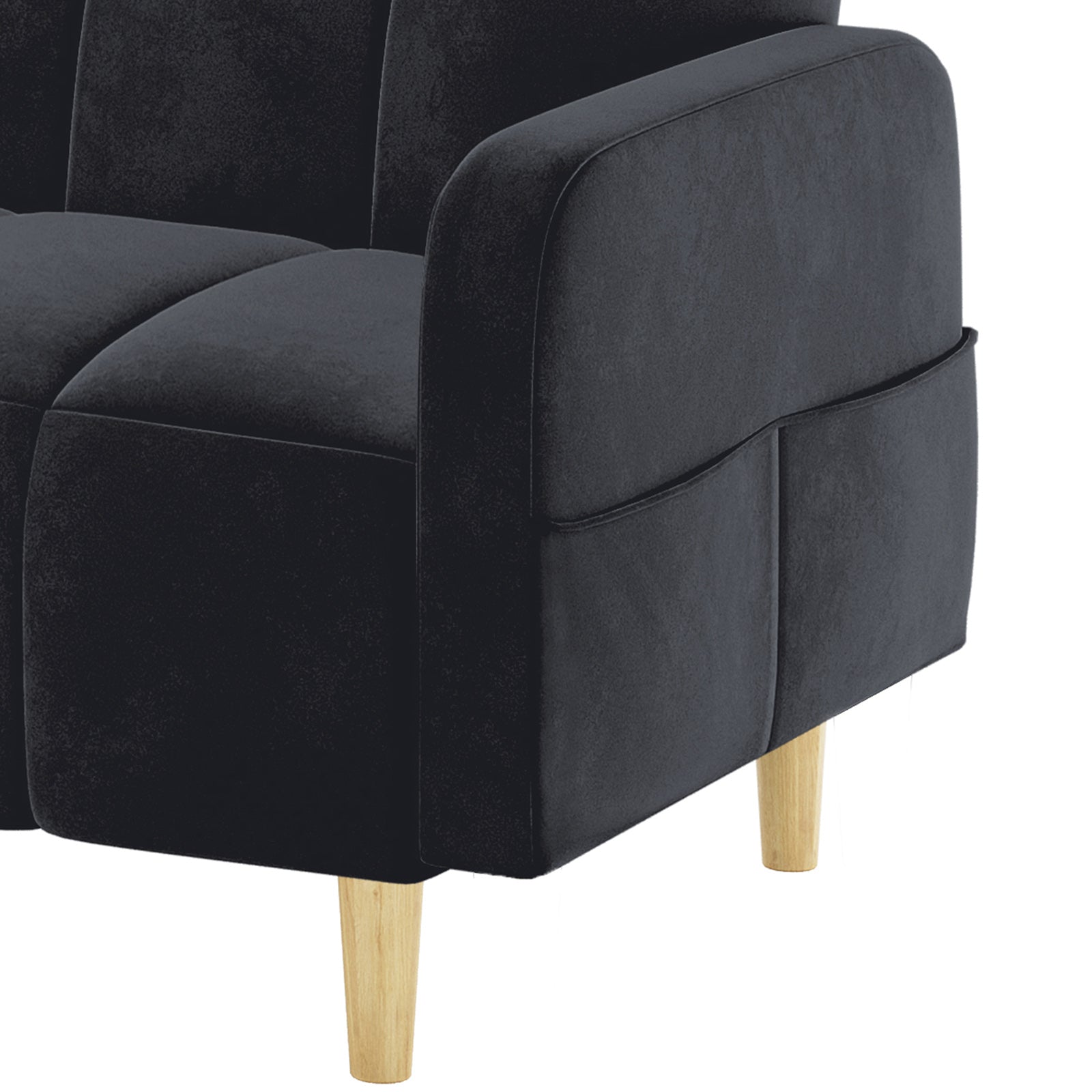 Close-up of Anica 6 Seater Velvet Sofa Bed Set in Black, showcasing the dark velvet fabric, armrest, and seat section with two light wood tapered legs visible underneath.
