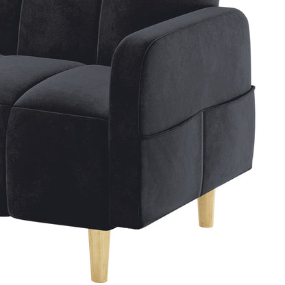Close-up of Anica 6 Seater Velvet Sofa Bed Set in Black, showcasing the dark velvet fabric, armrest, and seat section with two light wood tapered legs visible underneath.