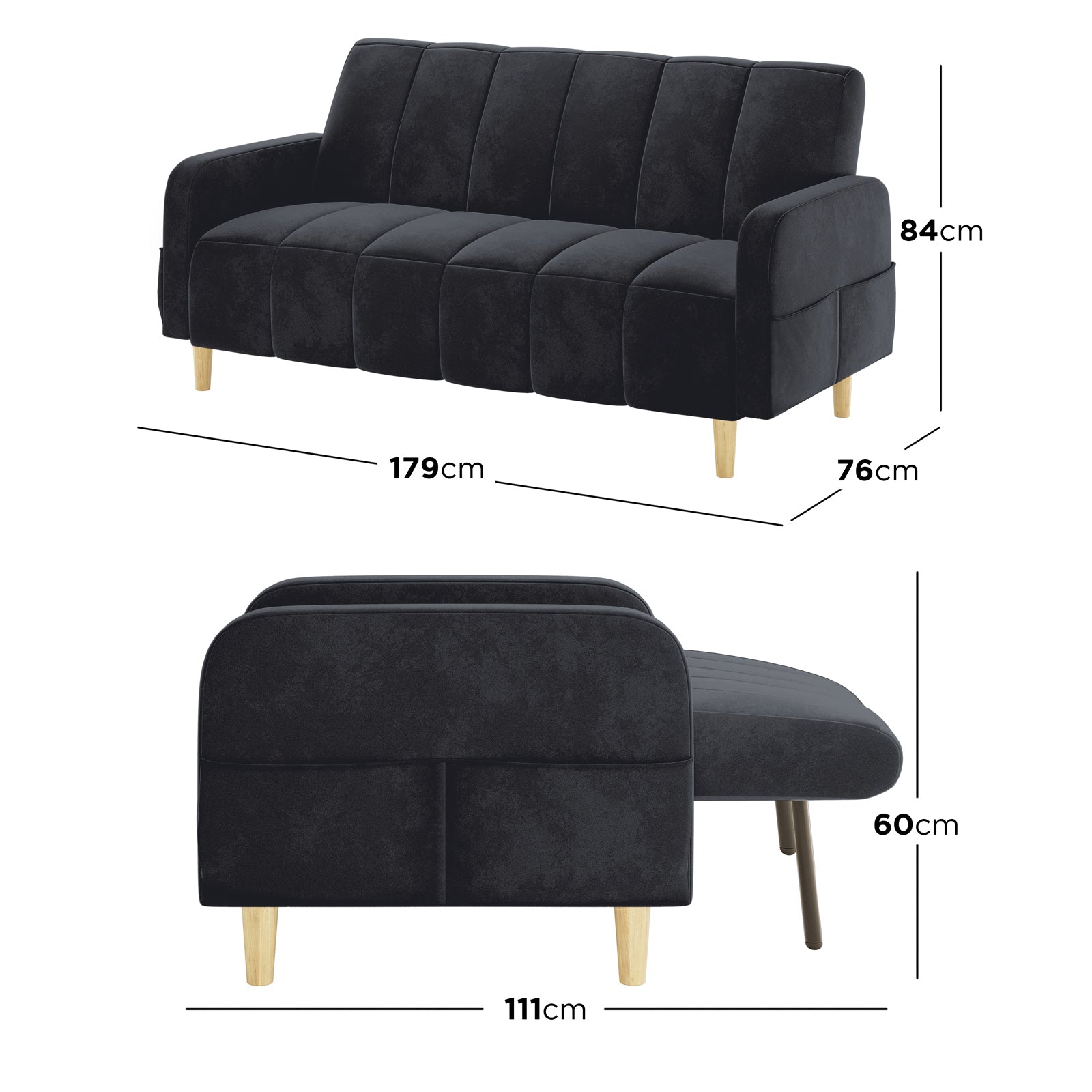 Anica 6 Seater Velvet Fabric Sofa Bed Set in Black, featuring a modern three-seater with dark upholstery and light wooden legs, shown upright and partially unfolded.
