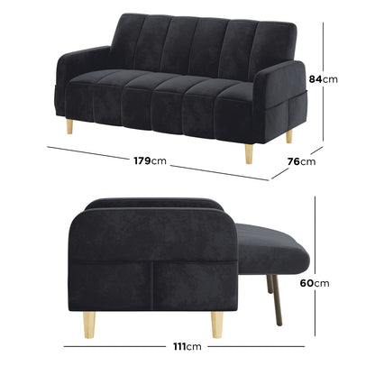Anica 6 Seater Velvet Fabric Sofa Bed Set in Black, featuring a modern three-seater with dark upholstery and light wooden legs, shown upright and partially unfolded.