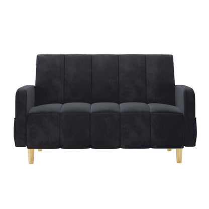 Anica 6 Seater Velvet Fabric Sofa Bed Set in Black featuring a modern two-seat sofa with vertical panel tufting and light-wooden legs, embodying sleek elegance and functionality in a compact design.