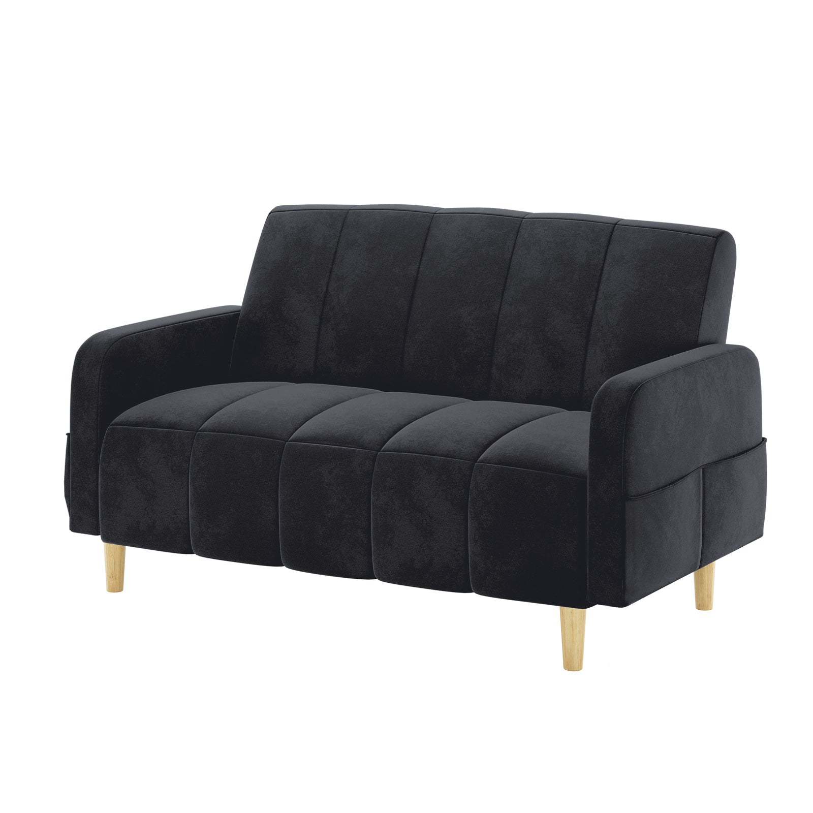 Anica 6 Seater Velvet Fabric Sofa Bed Set in Black featuring a two-seat loveseat with dark charcoal-black fabric, rounded armrests, vertical channel stitching, and light-wood tapered legs for sleek sophistication.
