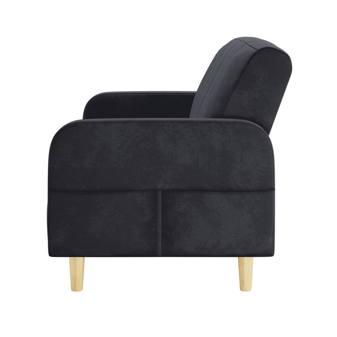 Anica 6 Seater Velvet Fabric Sofa Bed Set in Black features a modern armchair with dark velvet-like upholstery, rounded armrests, vertical channel stitching, and light-wood tapered legs, enhancing any living space.