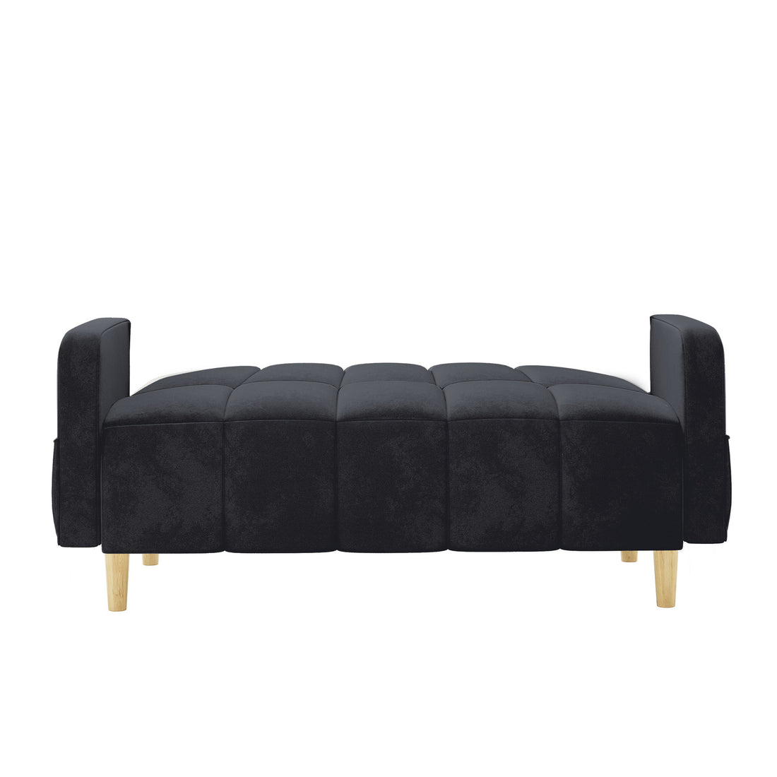 Anica 6 Seater Velvet Fabric Sofa Bed Set in Black, featuring a low, quilted top with modular armrests laid flat, and short light-wood legs, offering stylish seating and sleeping versatility.