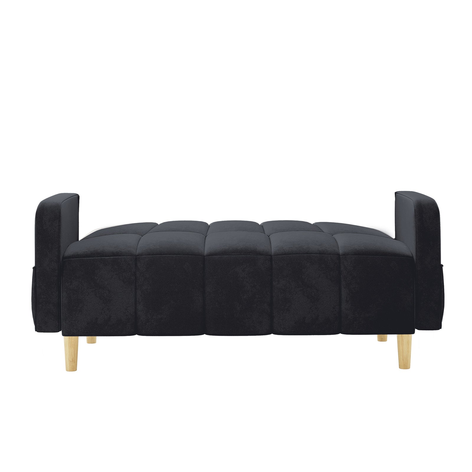 Anica 6 Seater Velvet Fabric Sofa Bed Set in Black, featuring a low, quilted top with modular armrests laid flat, and short light-wood legs, offering stylish seating and sleeping versatility.