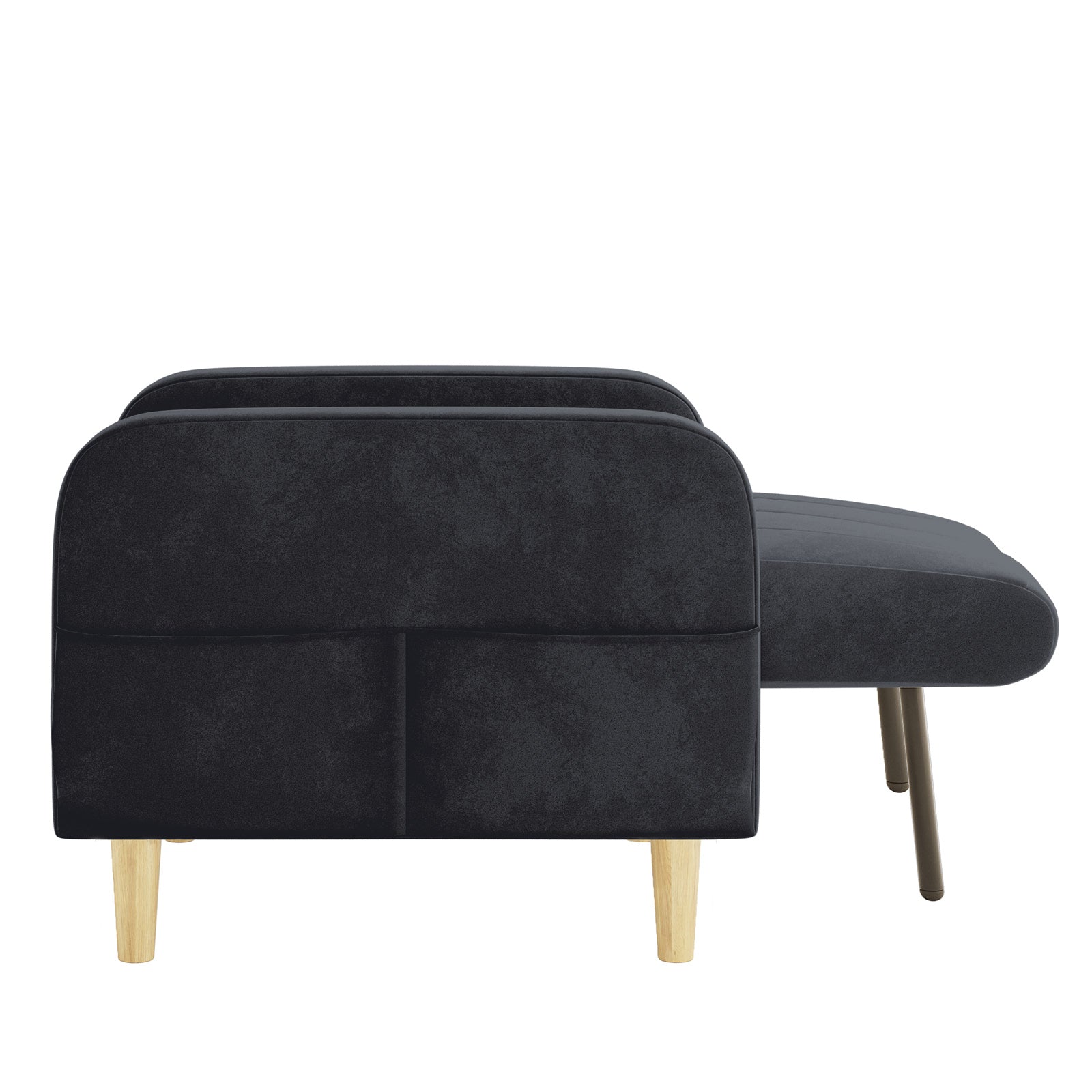 Anica 6 Seater Velvet Fabric Sofa Bed Set in Black features modern black upholstery, a two-seater design with chaise extension, and slender wooden legs, embodying a sleek mid-century Scandinavian style.