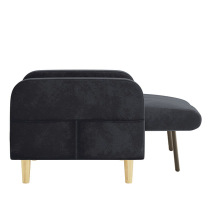 Anica 6 Seater Velvet Fabric Sofa Bed Set in Black features modern black upholstery, a two-seater design with chaise extension, and slender wooden legs, embodying a sleek mid-century Scandinavian style.