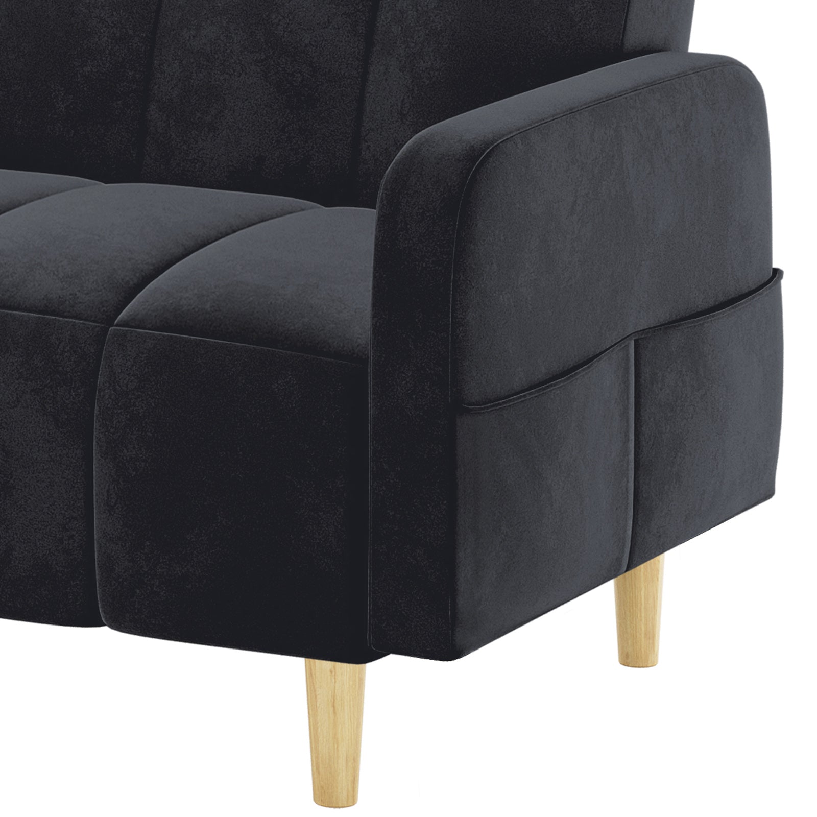 Anica 6 Seater Velvet Fabric Sofa Bed Set in Black, showcasing a close-up of the charcoal fabric with visible seat cushion, right armrest, and tapered wooden leg.