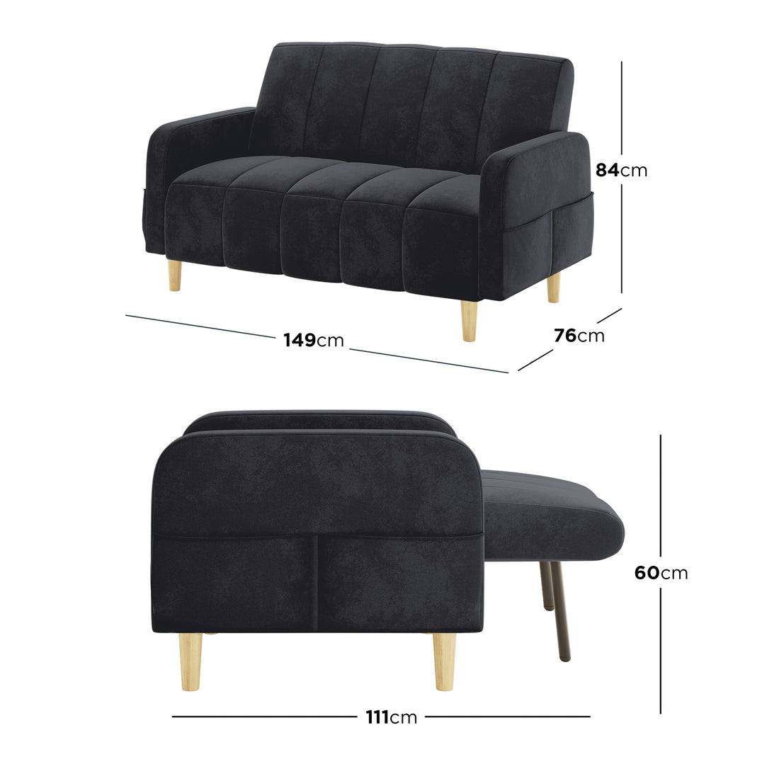 Anica 6 Seater Velvet Fabric Sofa Bed Set in Black features a compact two-seater with dark charcoal upholstery and light wood legs, showcasing its sofa and chaise dimensions for versatile use.