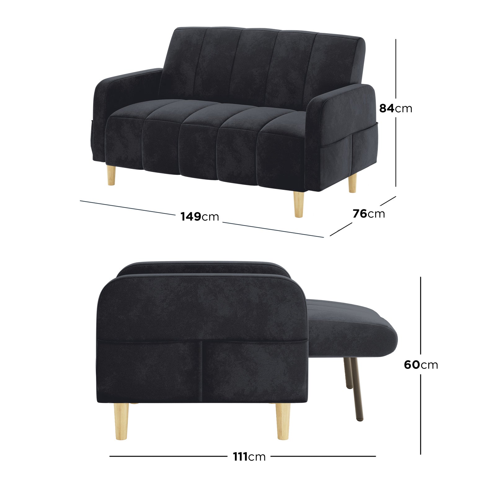 Anica 6 Seater Velvet Fabric Sofa Bed Set in Black features a compact two-seater with dark charcoal upholstery and light wood legs, showcasing its sofa and chaise dimensions for versatile use.