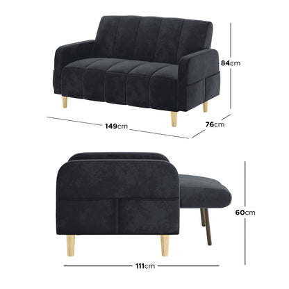 Anica 6 Seater Velvet Fabric Sofa Bed Set in Black features a compact two-seater with dark charcoal upholstery and light wood legs, showcasing its sofa and chaise dimensions for versatile use.