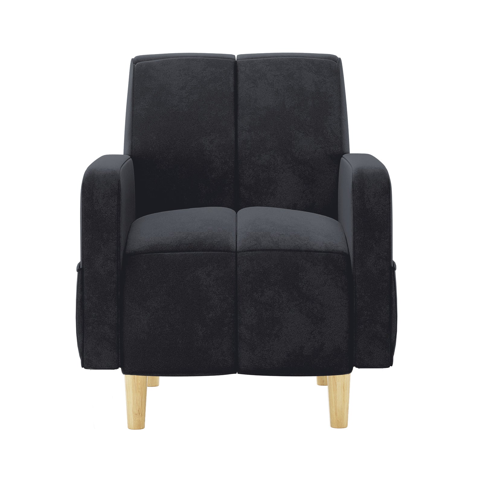 Anica 6 Seater Velvet Sofa Bed Set in Black featuring a single-seat upholstered armchair with plush split-cushion back, padded armrests, on four light-wood tapered legs.