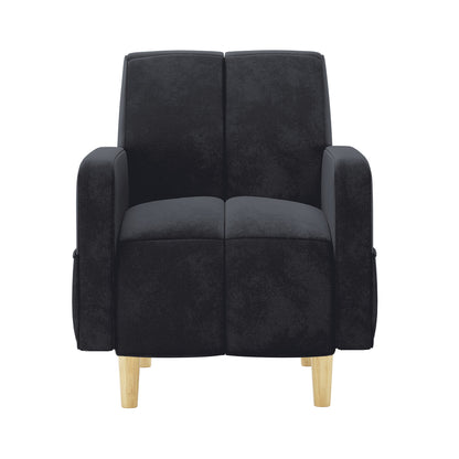 Anica 6 Seater Velvet Sofa Bed Set in Black featuring a single-seat upholstered armchair with plush split-cushion back, padded armrests, on four light-wood tapered legs.