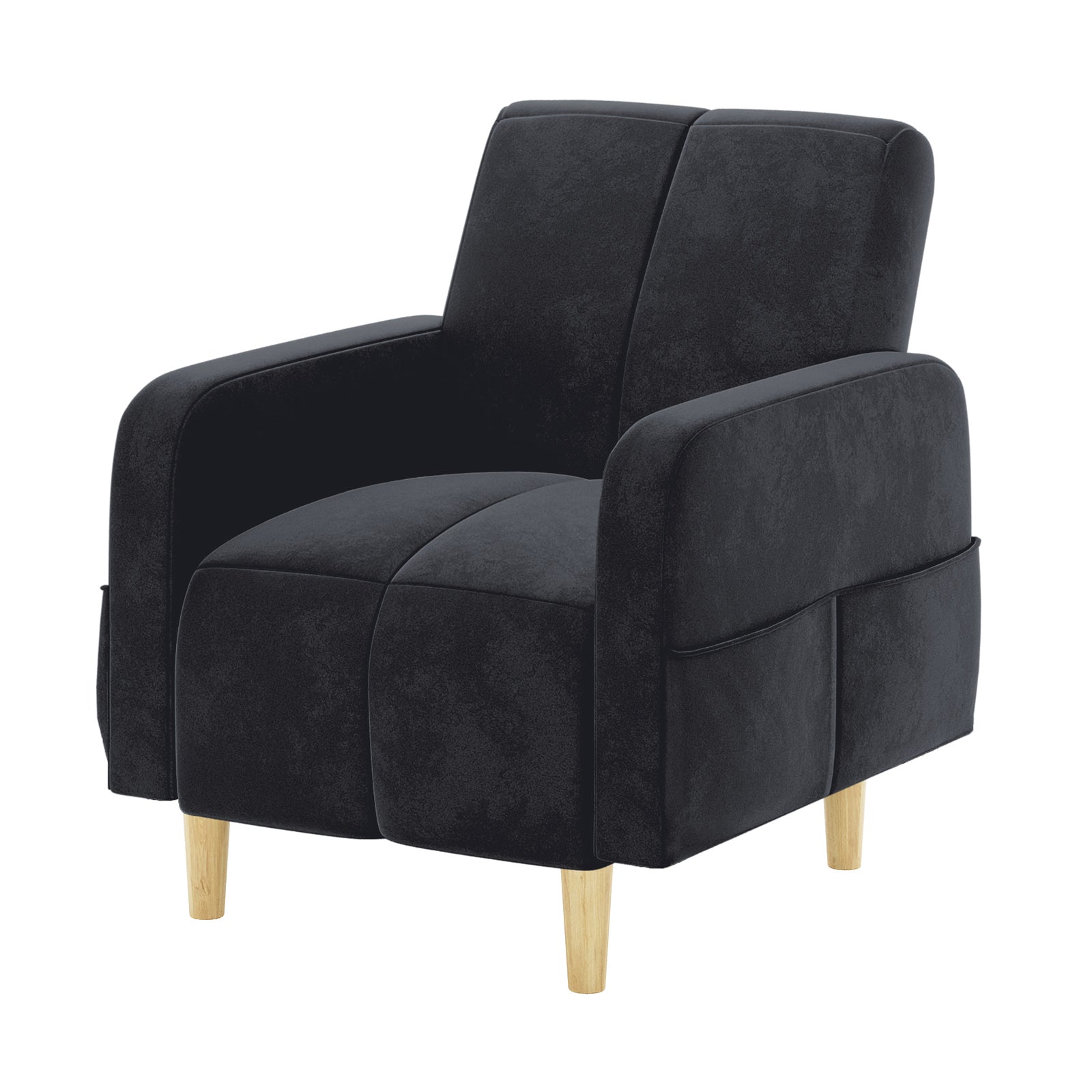 Anica 6 Seater Velvet Fabric Sofa Bed Set in Black features a modern single-seat armchair with gently rounded armrests, split-cushion design, and short, tapered wooden legs, complementing the sleek, versatile collection.