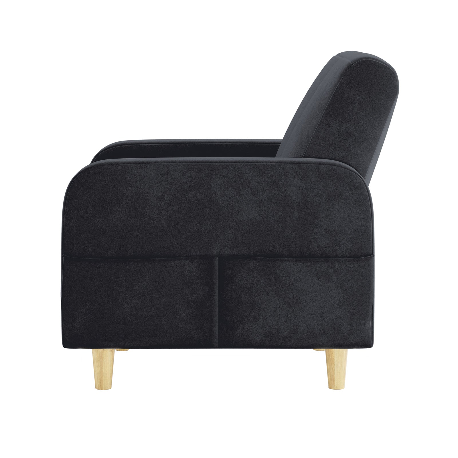 Side view of the Anica 6 Seater Velvet Fabric Sofa Bed Set in Black, featuring a mid-century-style armchair with black upholstery, a sloped backrest, squared armrest, and tapered light wood legs.