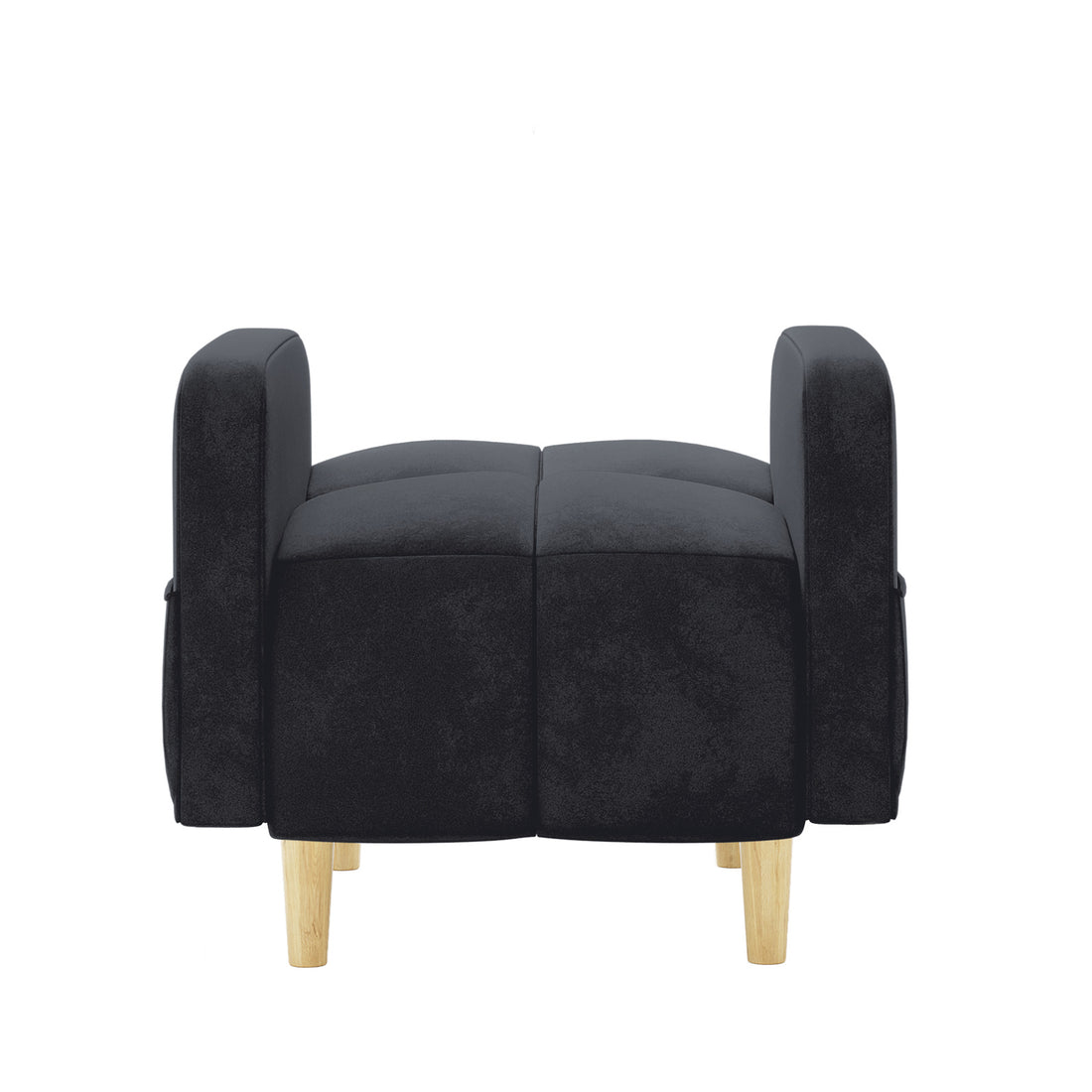 Anica 6 Seater Velvet Fabric Sofa Bed Set in Black, showcasing a small black ottoman with a cube shape, split padded sections, and convertible design resting on light wood legs.