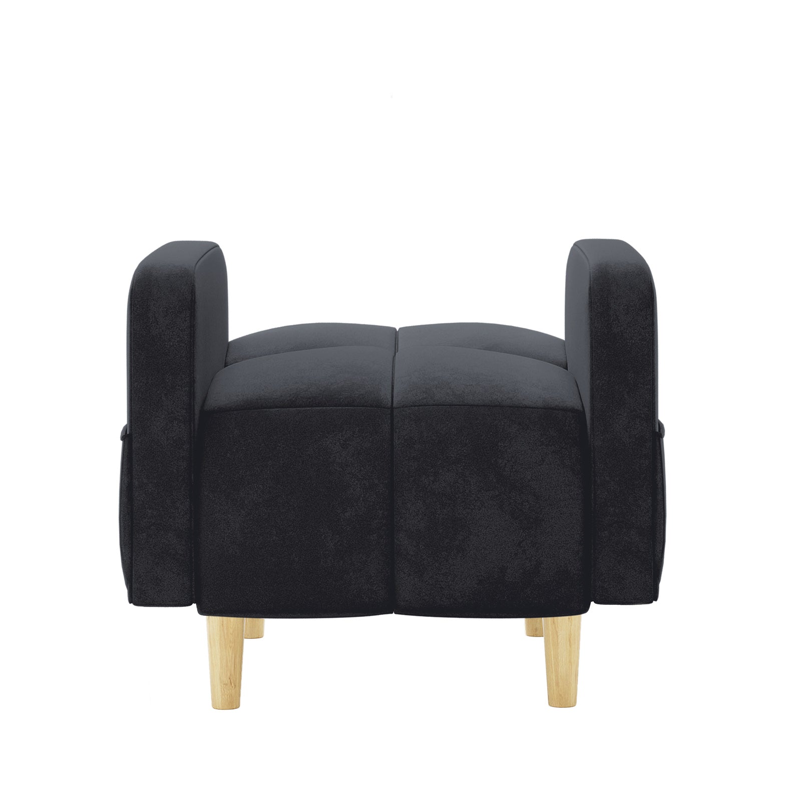 Anica 6 Seater Velvet Fabric Sofa Bed Set in Black, showcasing a small black ottoman with a cube shape, split padded sections, and convertible design resting on light wood legs.
