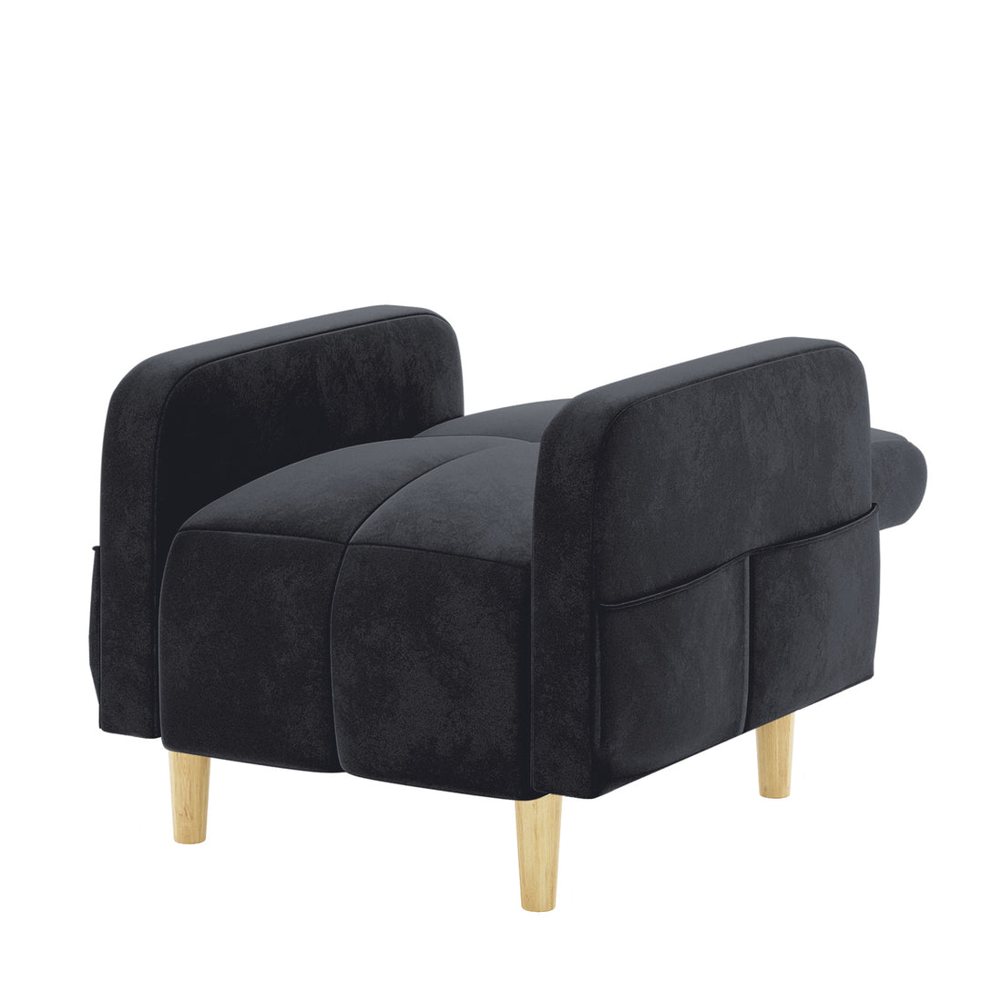 Anica 6 Seater Velvet Fabric Sofa Bed Set in Black featuring a black upholstered ottoman with four light-wooden legs and padded cushion divided into four sections, adding modular elegance.