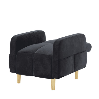 Anica 6 Seater Velvet Fabric Sofa Bed Set in Black featuring a black upholstered ottoman with four light-wooden legs and padded cushion divided into four sections, adding modular elegance.