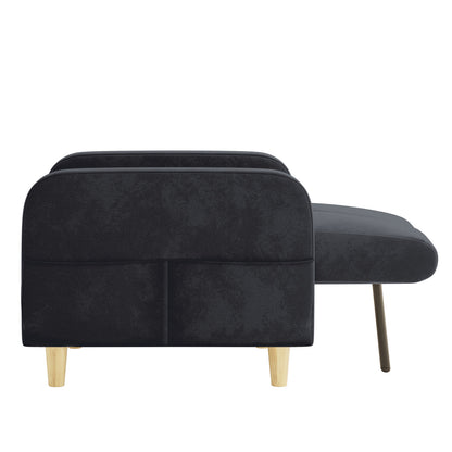 Anica 6 Seater Velvet Fabric Sofa Bed Set in Black features a modern chaise-section, dark fabric, low rounded backrest, chaise extension, and contrasting wooden and metal legs for versatile, stylish living spaces.