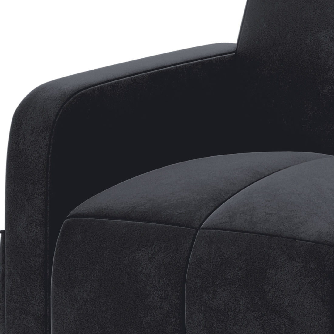 Close-up of the Anica 6 Seater Velvet Sofa Bed Set in Black, highlighting the junction of the armrest and seat cushion, showcasing its plush velvet fabric and detailed seam lines.
