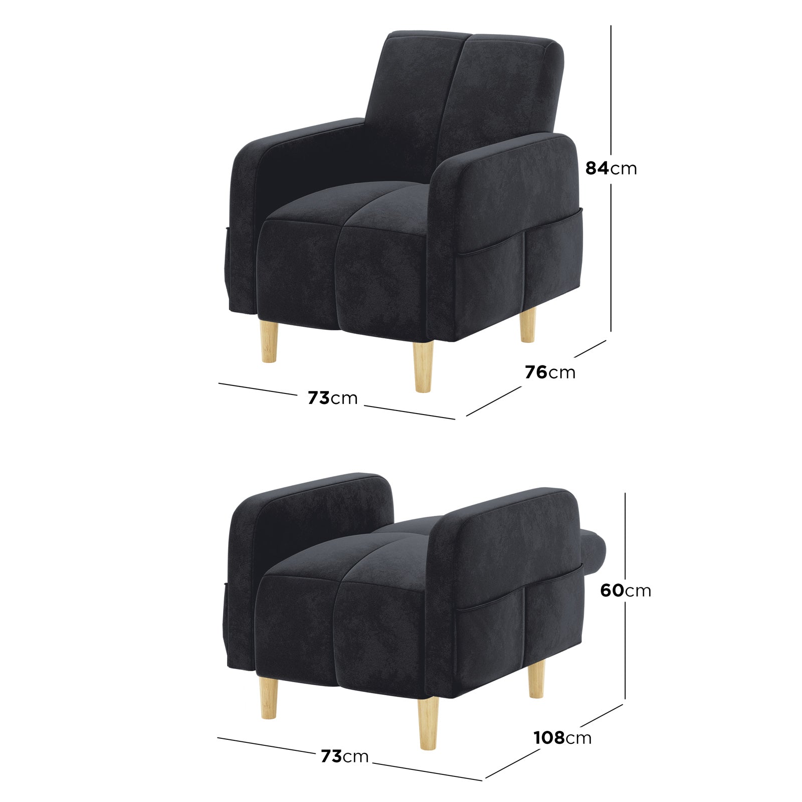 Anica 6 Seater Velvet Fabric Sofa Bed Set in Black features a small upholstered armchair, converts to a lounger/bed with light-wood legs, and precise dimensions overlay for versatile use.